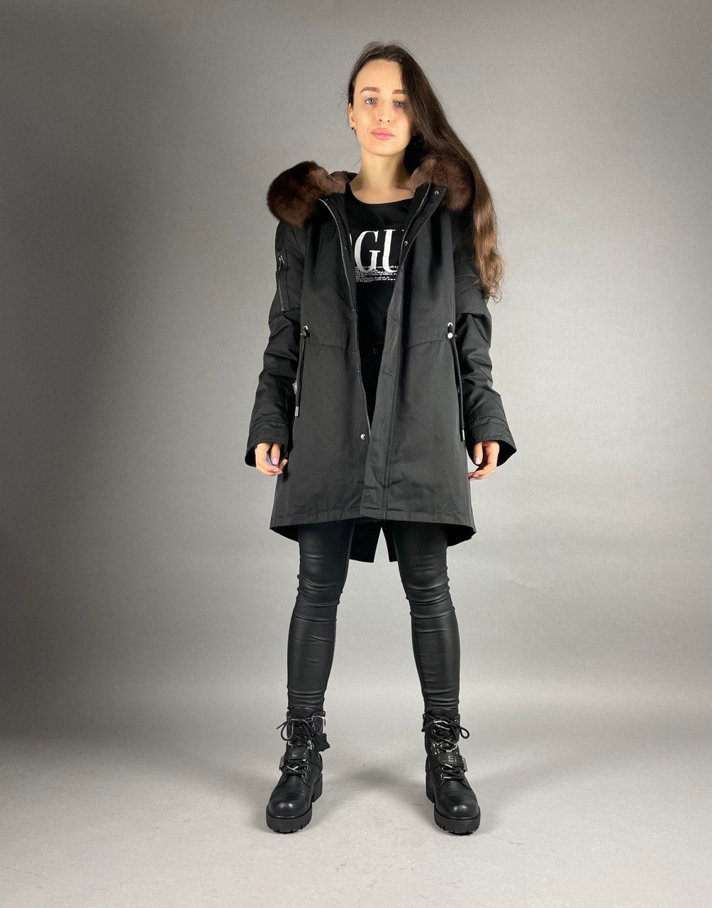 Parka Baltic XM Black ar brūnu Artic kažokādu un oderi REX Rabbit Fur Unisex 80 cm