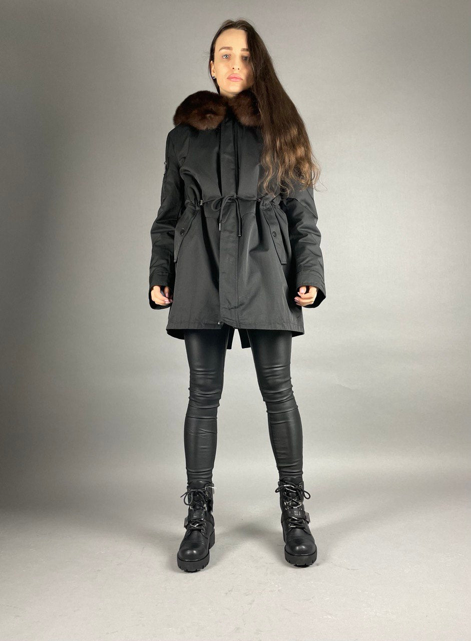 Parka Baltic XM Black ar brūnu Artic kažokādu un oderi REX Rabbit Fur Unisex 80 cm