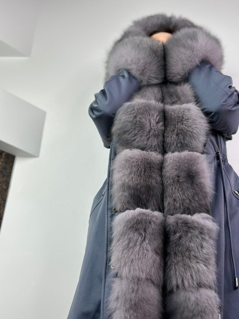 Parka Baltic Classic Light blue with Light graphite Artic fur and Rex rabbit fur for women 105 cm