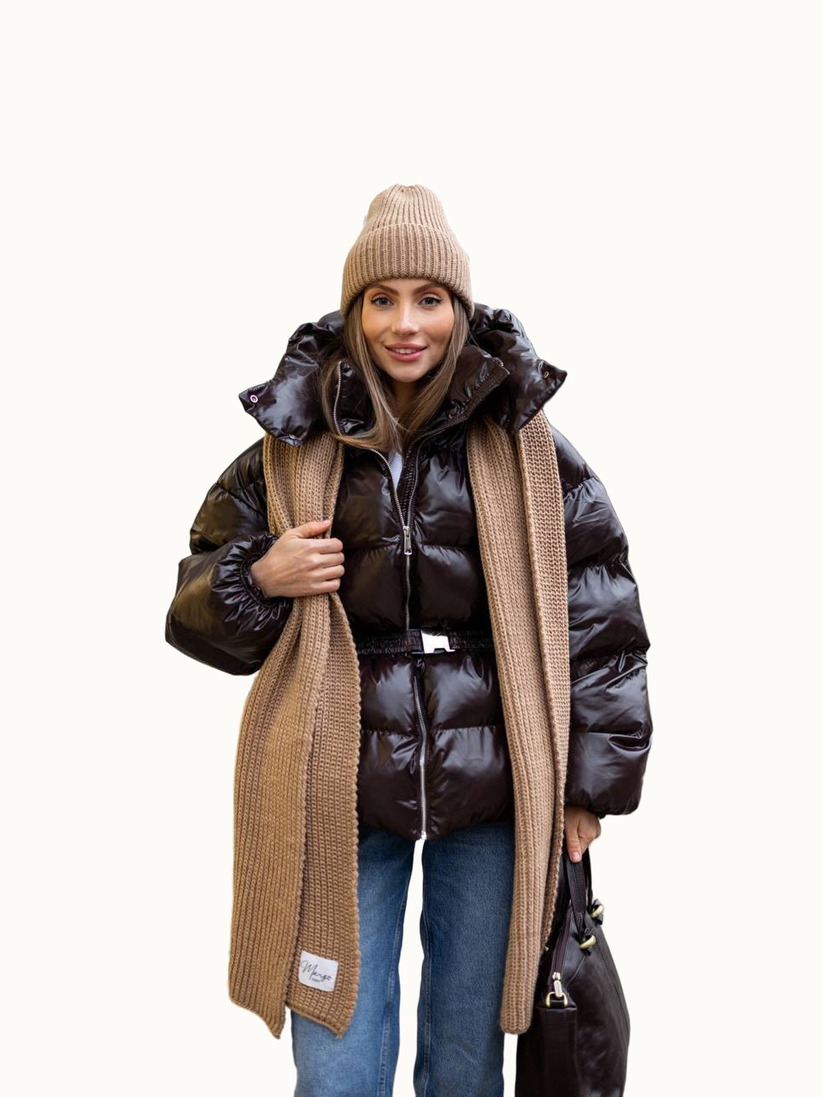 Doudoune oversize en satin marron foncé