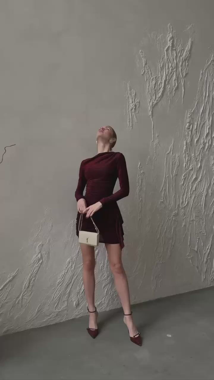 Burgundy Glitter Draped Mini Dress