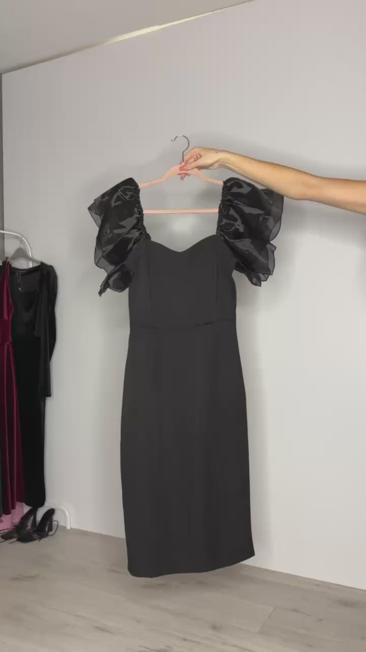 Organza Sleeve Midi Dress – Elegant Black Evening Dress