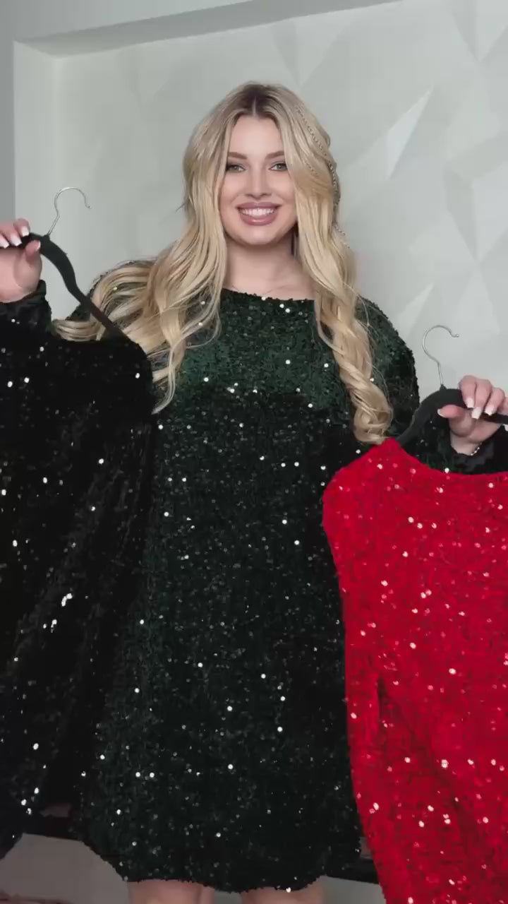 Plus Size Sequin Velvet Party Dress – Red / Black / Emerald