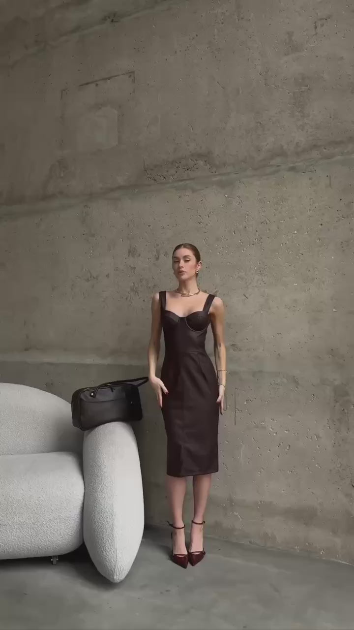 Eco-Leather Corset Midi Dress – Chocolate
