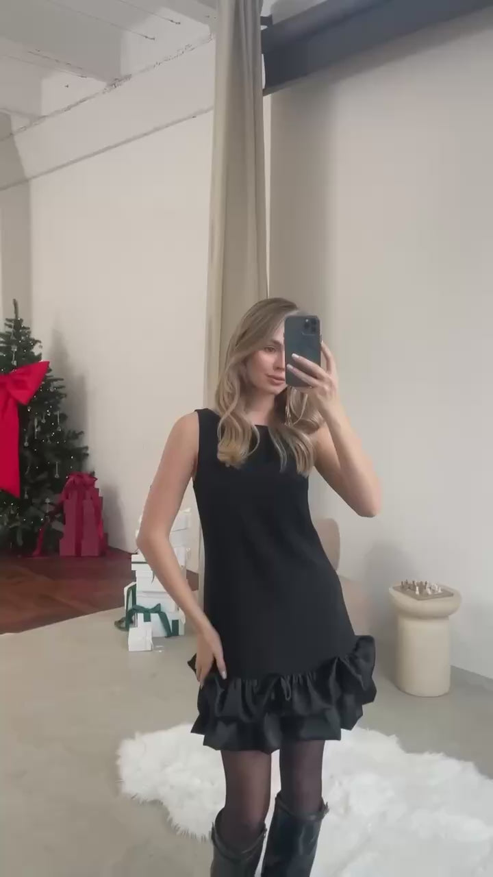 Mini Dress with Satin Ruffle Hem – Black