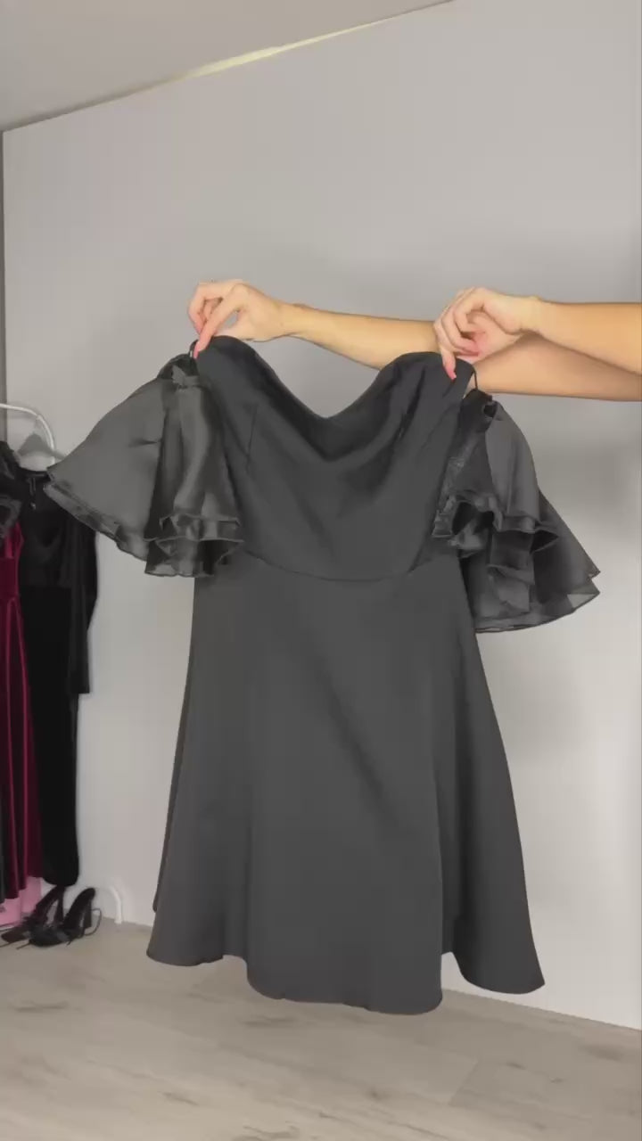 Organza Puff Sleeve A-Line Mini Dress – Elegant Black Party Dress