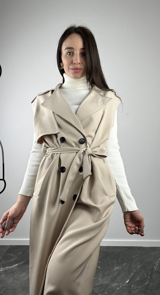 Sleeveless trench with a belt, beige