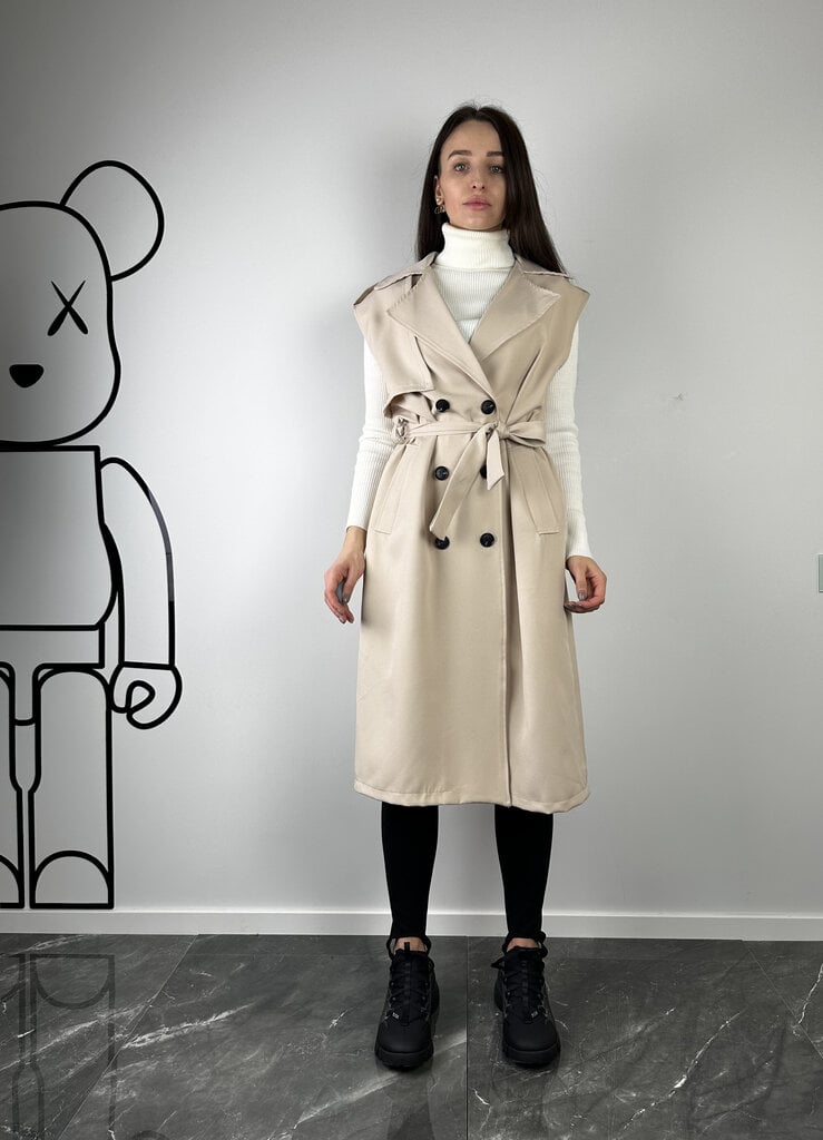 Sleeveless trench with a belt, beige