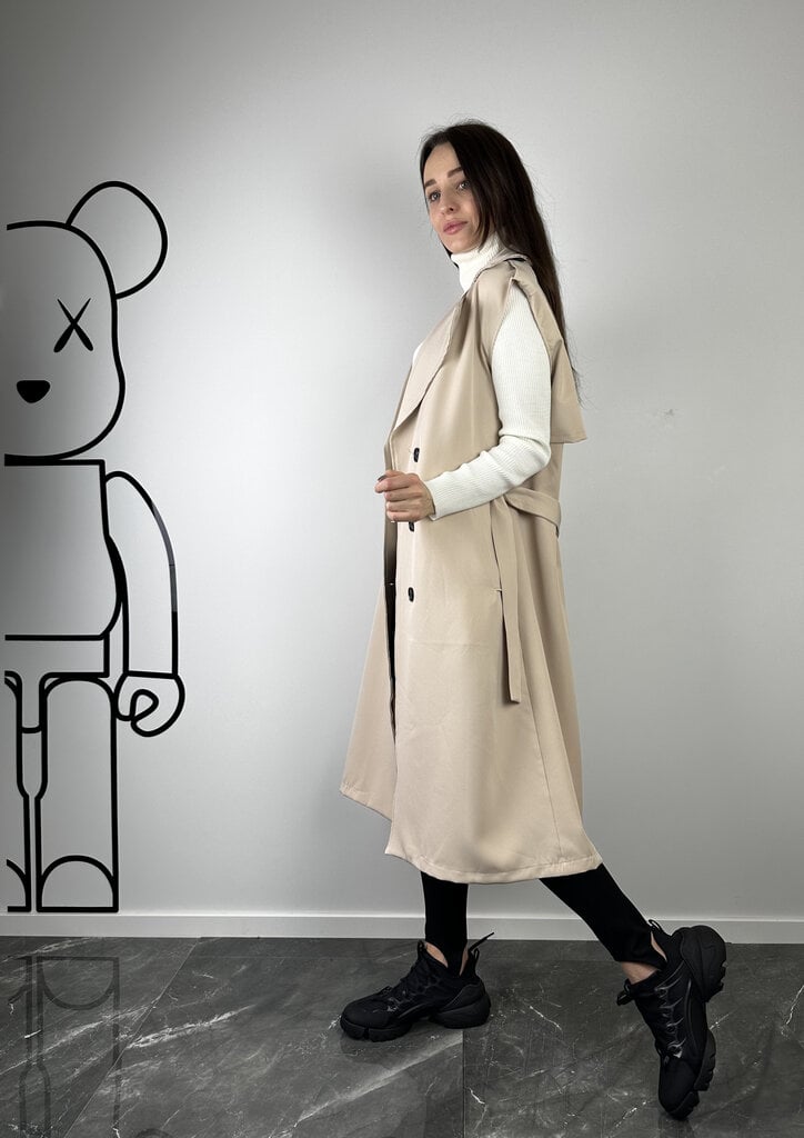 Sleeveless trench with a belt, beige